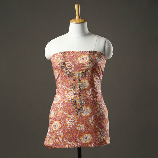 Brown - Embroidered Sanganeri Block Print Cotton Kurta Material with Beads - 2.5 Meter