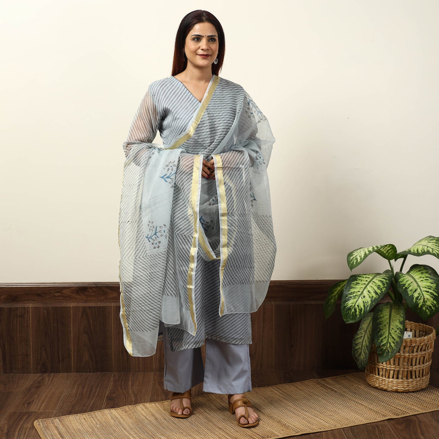 Grey - Leheriya Printed Kota Doria Kurta with Palazzo & Dupatta Set 16