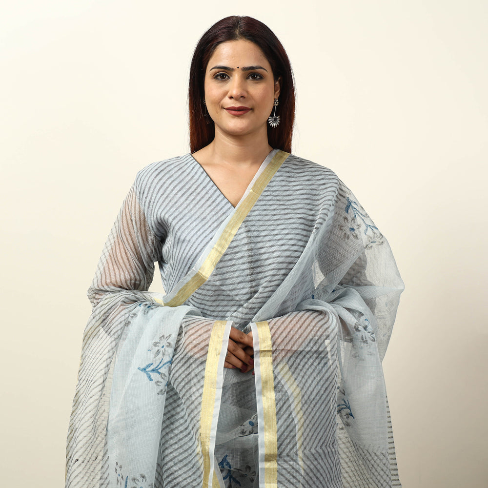 Grey - Leheriya Printed Kota Doria Kurta with Palazzo & Dupatta Set 16