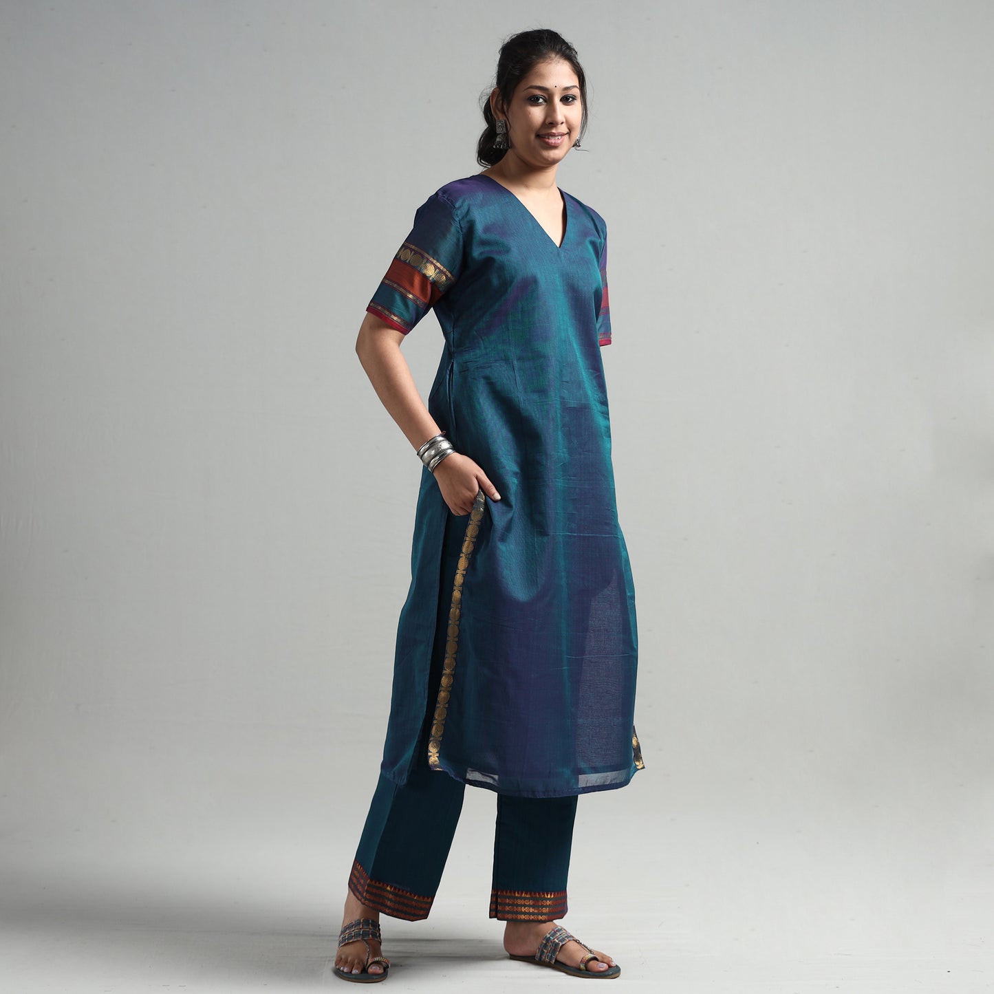 Blue - Dharwad Cotton Kurta with Palazzo & Dupatta Set