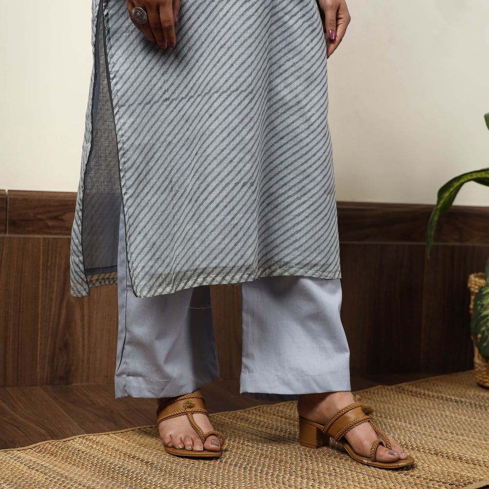 Grey - Leheriya Printed Kota Doria Kurta with Palazzo & Dupatta Set 16