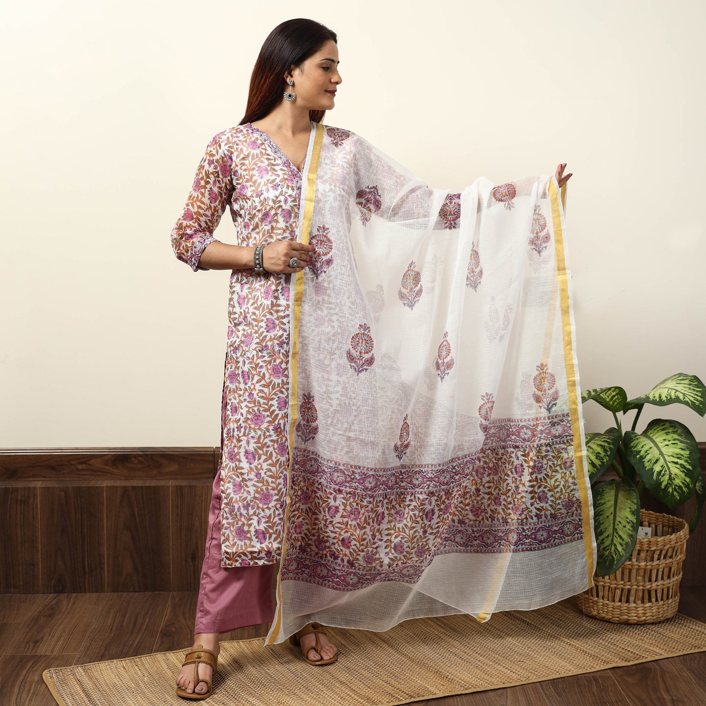 Pink - Sanganeri Block Printed Kota Doria Kurta with Palazzo & Dupatta Set 08