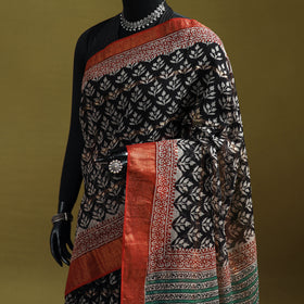 Black - Bagru Hand Block Print Kota Doria Cotton Saree 26