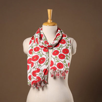 Red - cotton sanganeri stole with tassels 23 - handcrafted