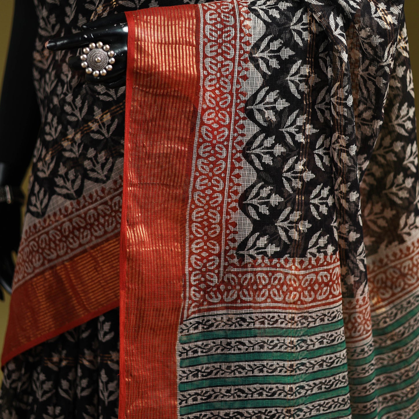 Black - Bagru Hand Block Print Kota Doria Cotton Saree 26