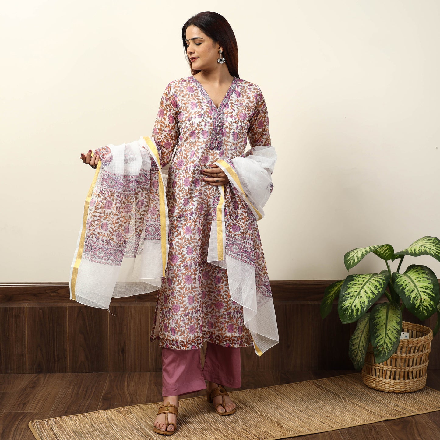 Pink - Sanganeri Block Printed Kota Doria Kurta with Palazzo & Dupatta Set 08