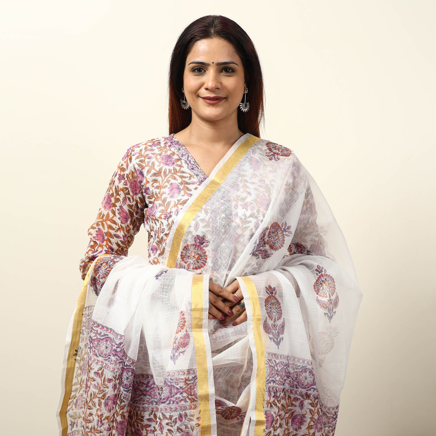 Pink - Sanganeri Block Printed Kota Doria Kurta with Palazzo & Dupatta Set 08