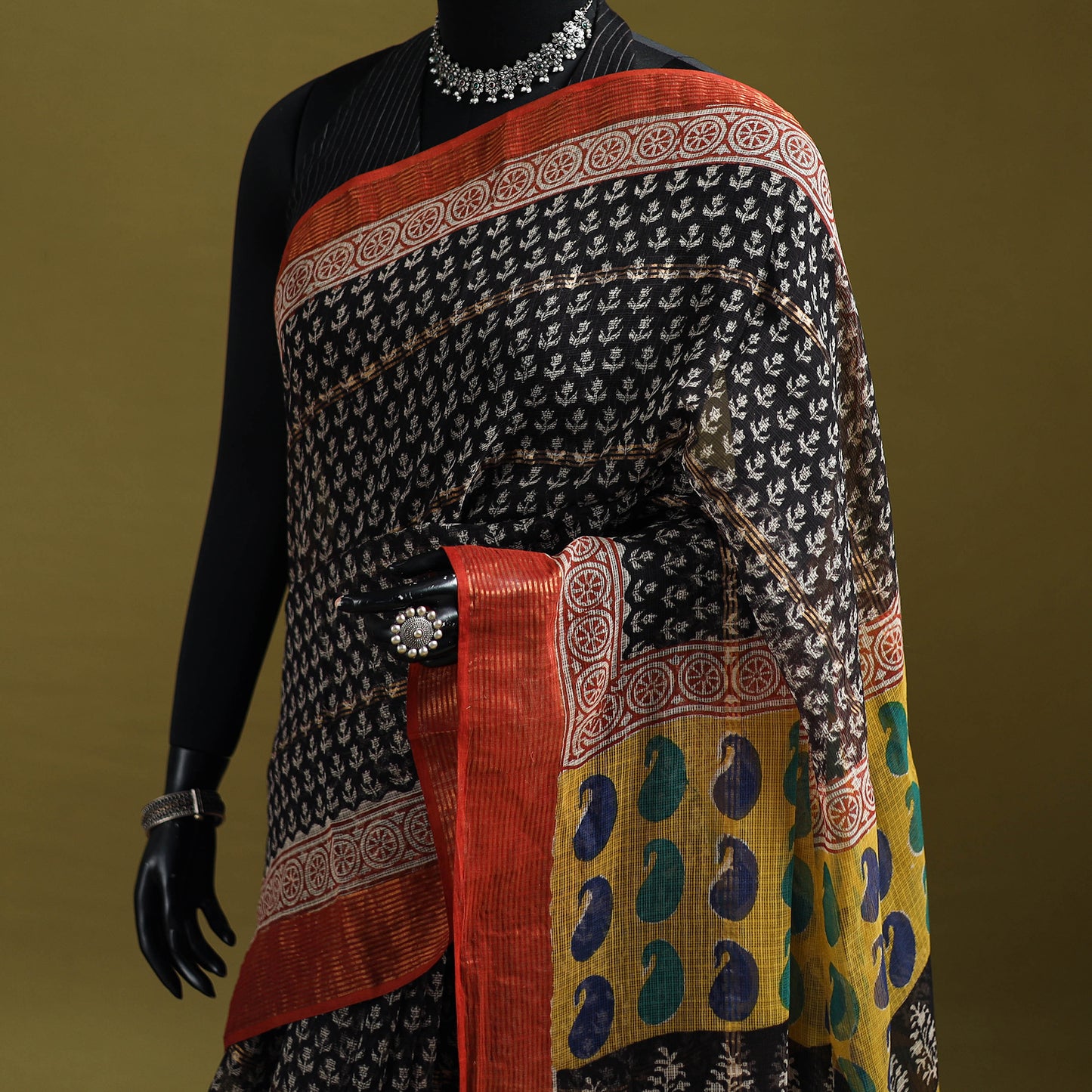 Black - Bagru Hand Block Print Kota Doria Cotton Saree 27