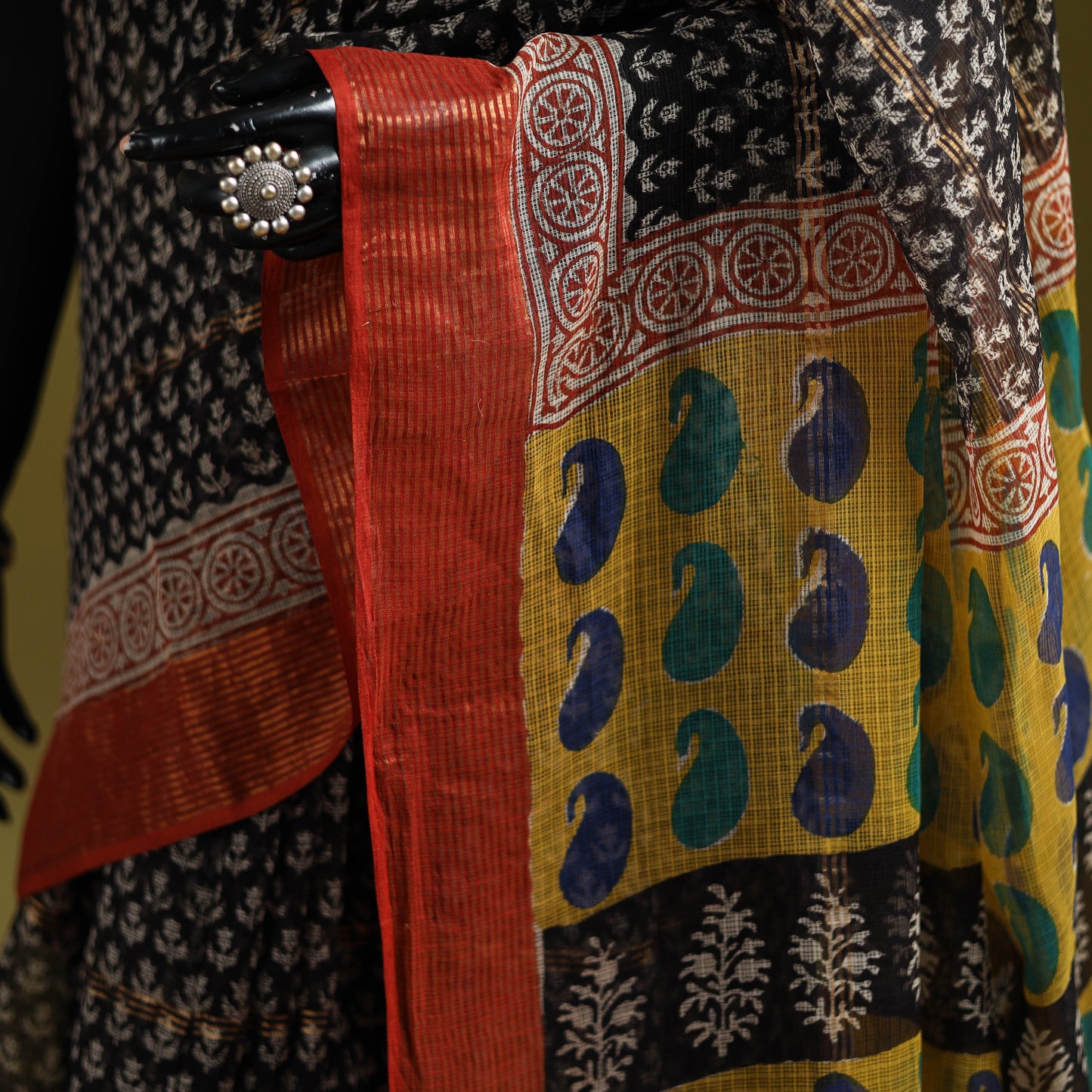 Black - Bagru Hand Block Print Kota Doria Cotton Saree 27