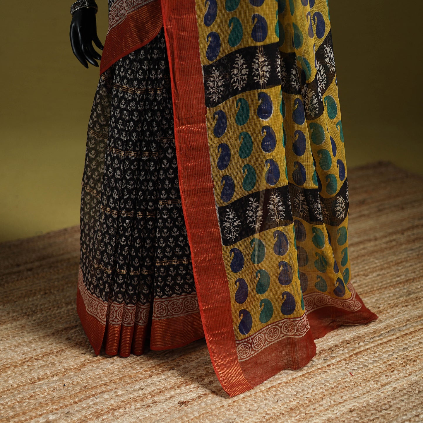 Black - Bagru Hand Block Print Kota Doria Cotton Saree 27