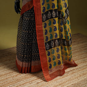 Black - Bagru Hand Block Print Kota Doria Cotton Saree 27