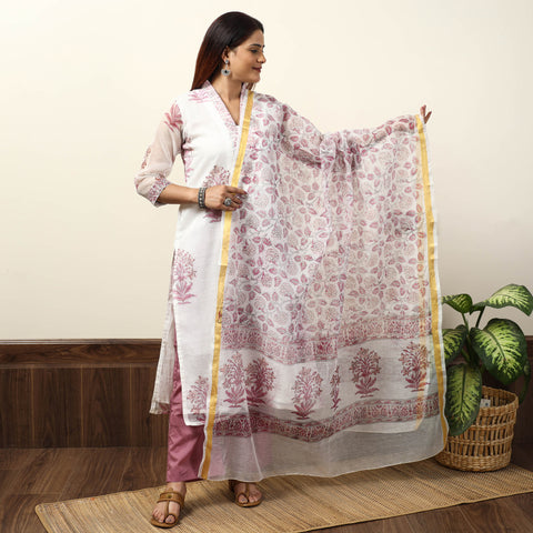 White - Sanganeri Block Printed Kota Doria Kurta with Palazzo & Dupatta Set 07