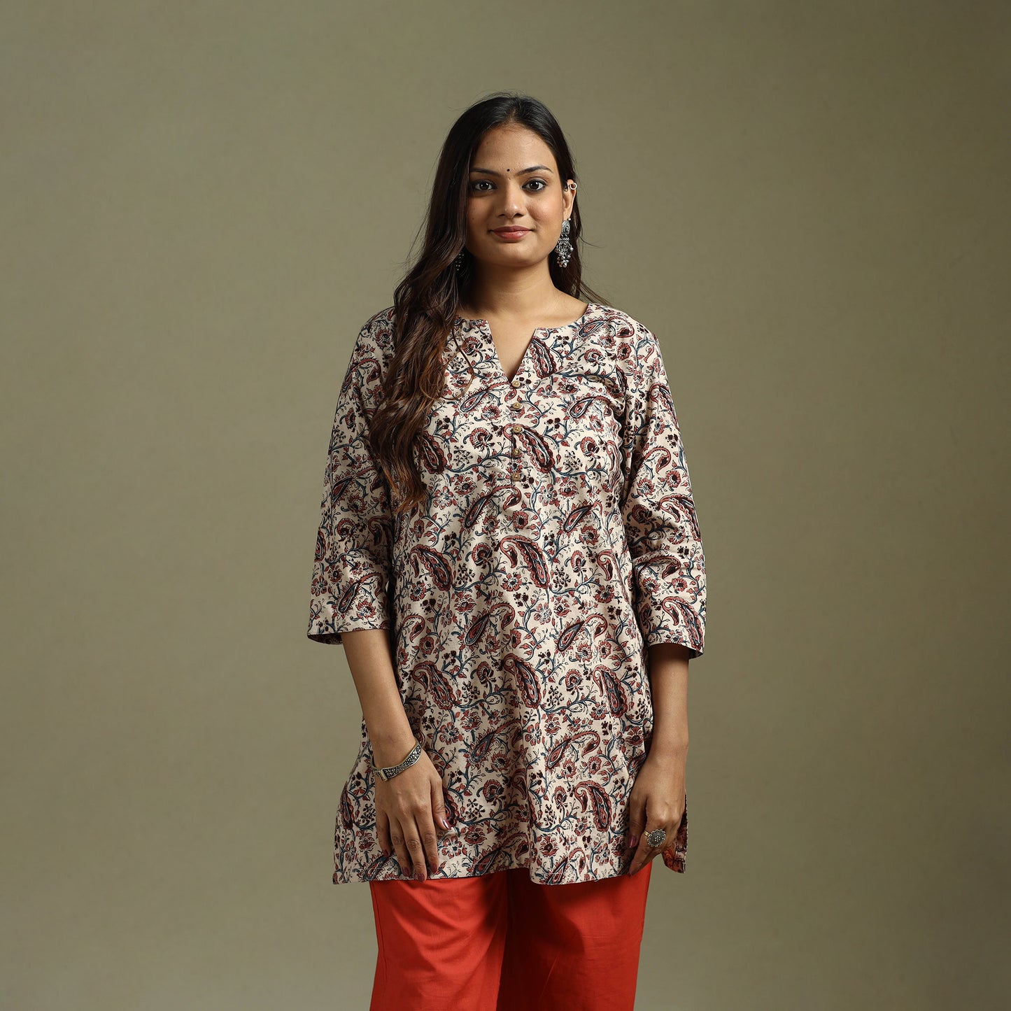 Beige - Pedana Block Print Natural Dyed Cotton Short Kalamkari Kurta 14