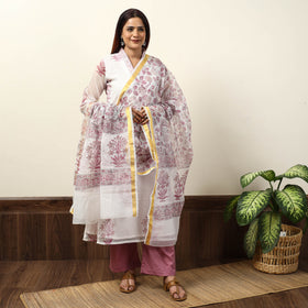 White - Sanganeri Block Printed Kota Doria Kurta with Palazzo & Dupatta Set 07