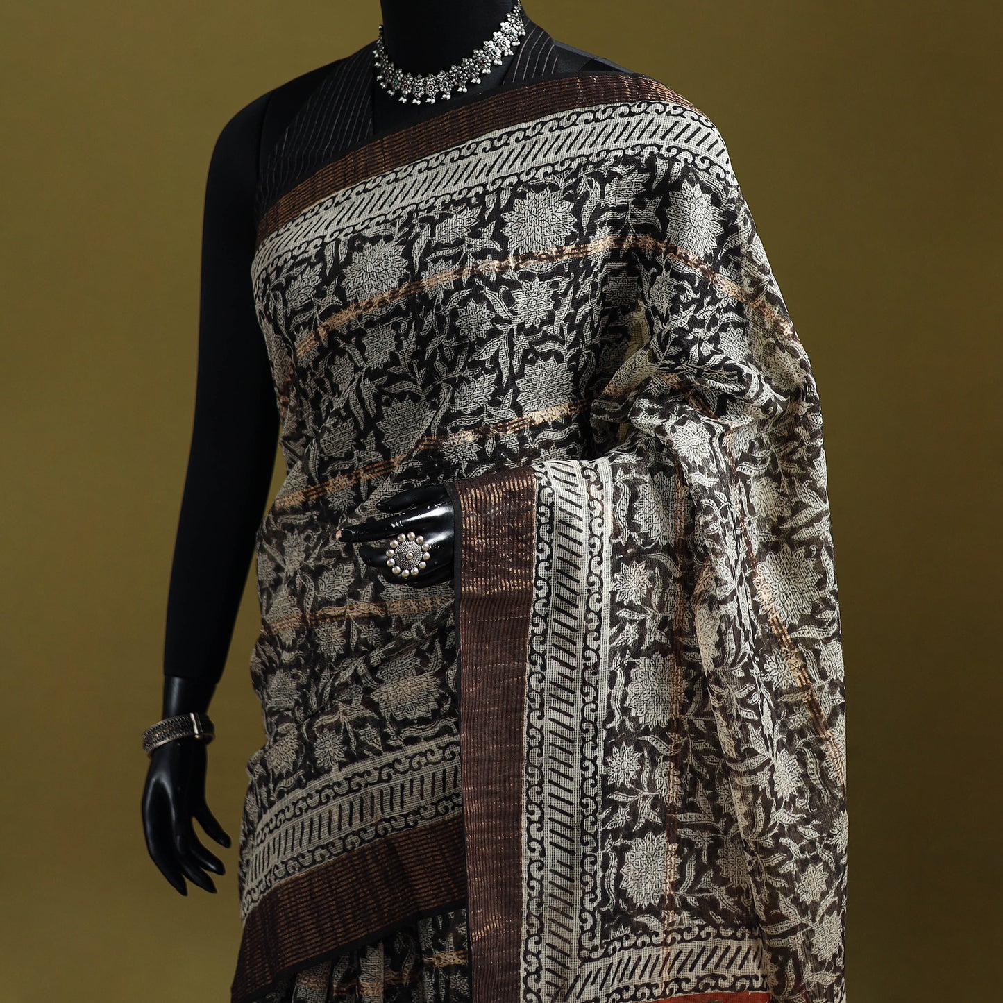 Black - Bagru Hand Block Print Kota Doria Cotton Saree 28