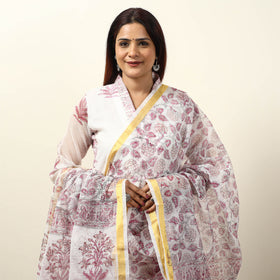 White - Sanganeri Block Printed Kota Doria Kurta with Palazzo & Dupatta Set 07
