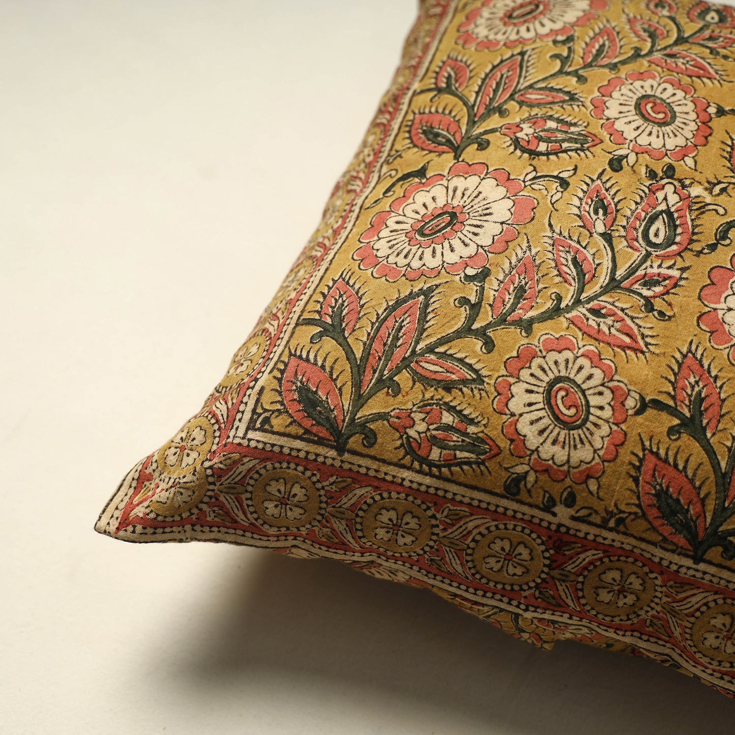Yellow Pedana Block Print Cotton Kalamkari Cushion Cover