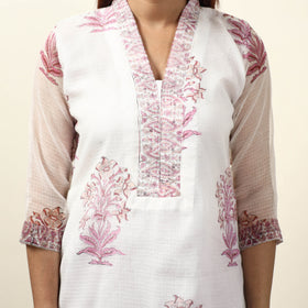 White - Sanganeri Block Printed Kota Doria Kurta with Palazzo & Dupatta Set 07