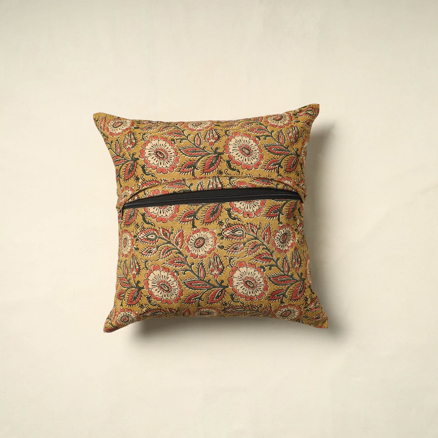 Yellow Pedana Block Print Cotton Kalamkari Cushion Cover
