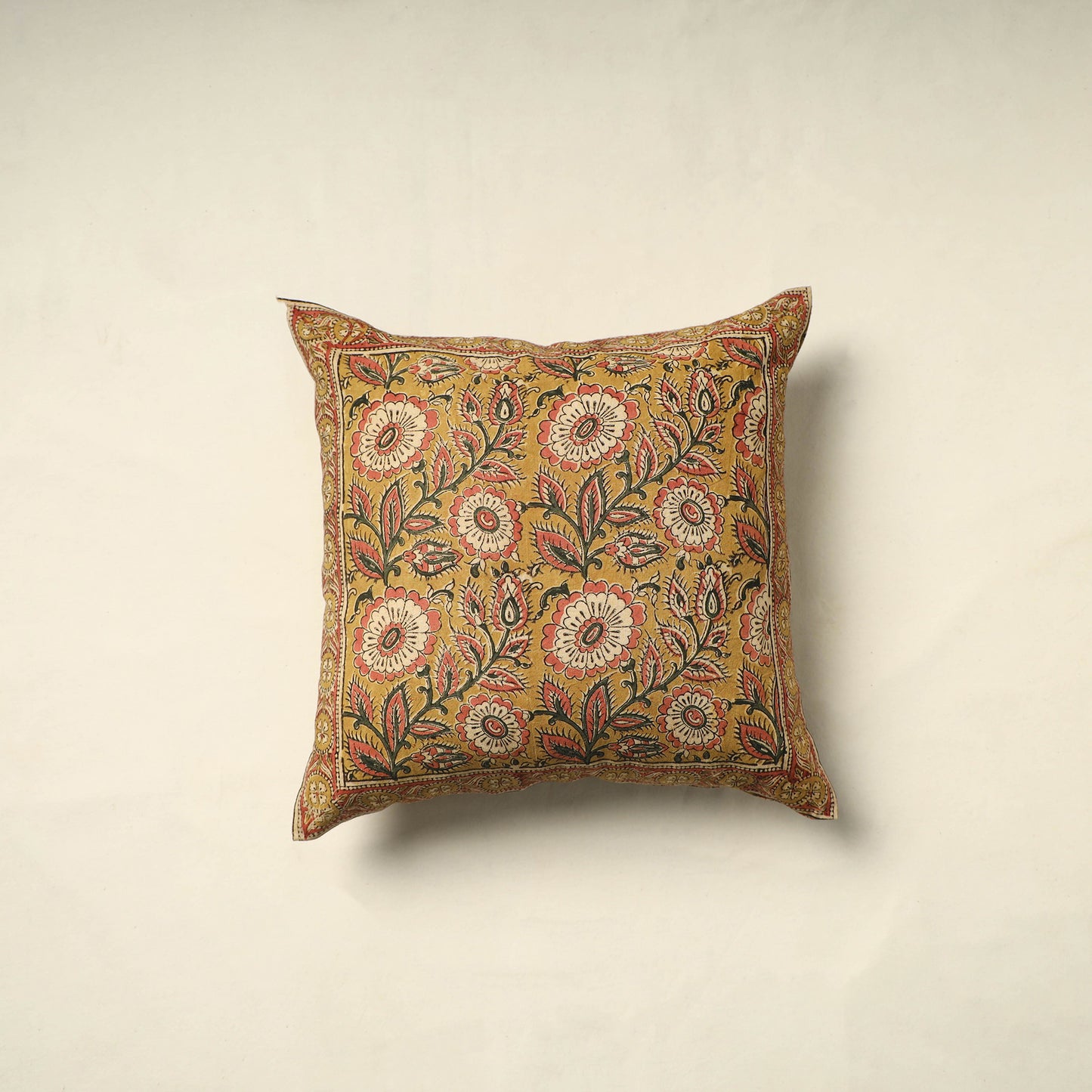 Yellow Pedana Block Print Cotton Kalamkari Cushion Cover