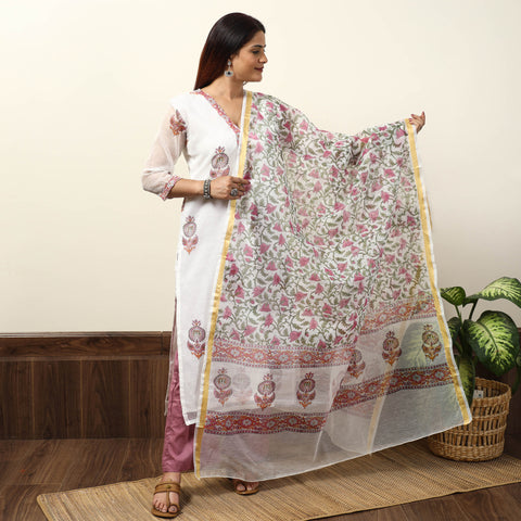 White - Sanganeri Block Printed Kota Doria Kurta with Palazzo & Dupatta Set 06