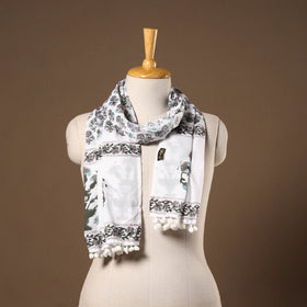 White - cotton sanganeri stole with pom 28 - handcrafted