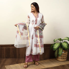 White - Sanganeri Block Printed Kota Doria Kurta with Palazzo & Dupatta Set 06