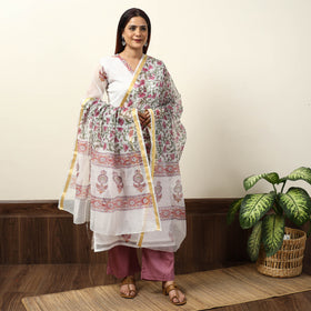 White - Sanganeri Block Printed Kota Doria Kurta with Palazzo & Dupatta Set 06