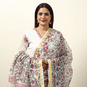 White - Sanganeri Block Printed Kota Doria Kurta with Palazzo & Dupatta Set 06