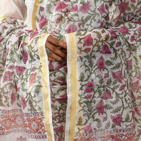 White - Sanganeri Block Printed Kota Doria Kurta with Palazzo & Dupatta Set 06