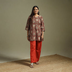 Red - Pedana Block Print Natural Dyed Cotton Short Kalamkari Kurta 18