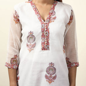 White - Sanganeri Block Printed Kota Doria Kurta with Palazzo & Dupatta Set 06