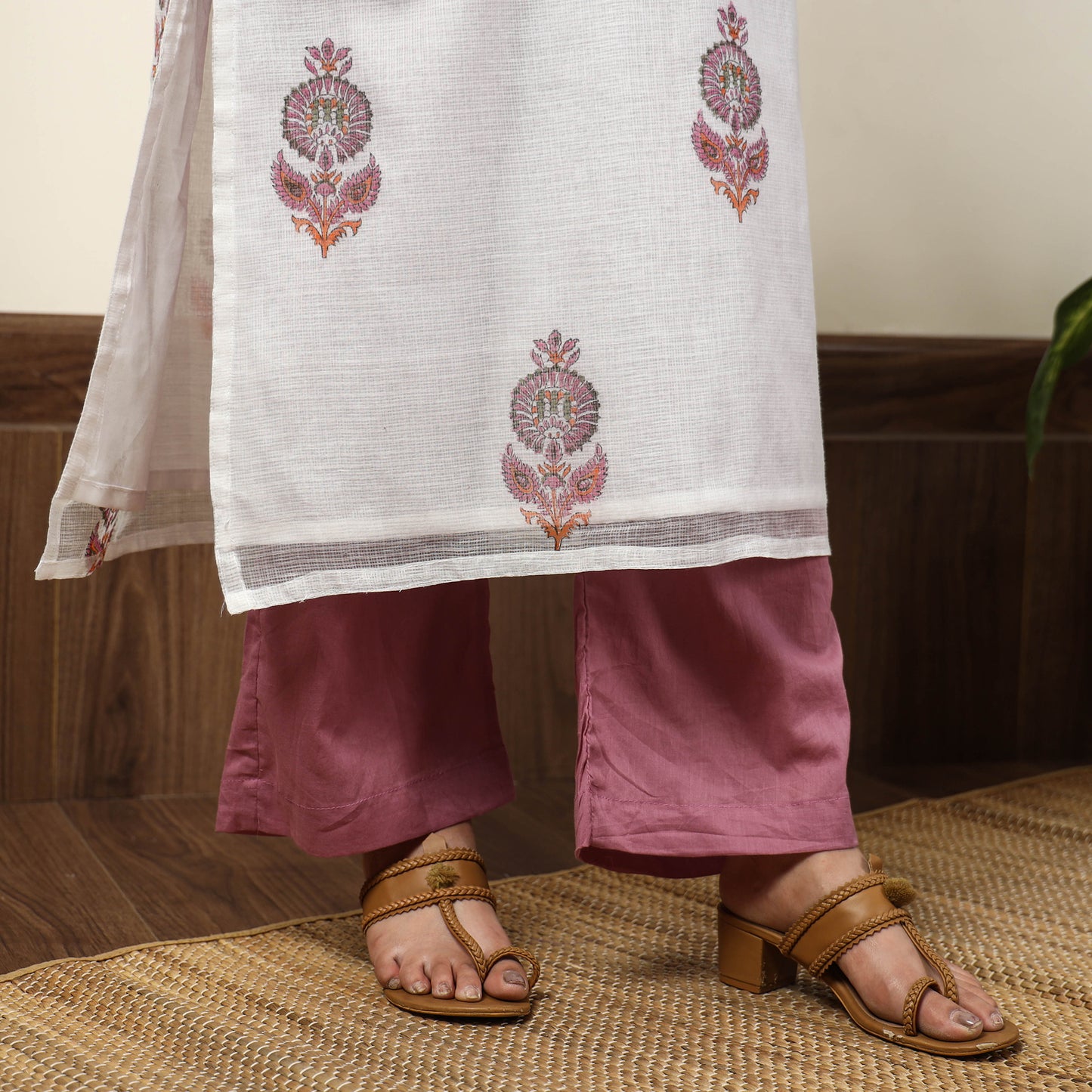 White - Sanganeri Block Printed Kota Doria Kurta with Palazzo & Dupatta Set 06