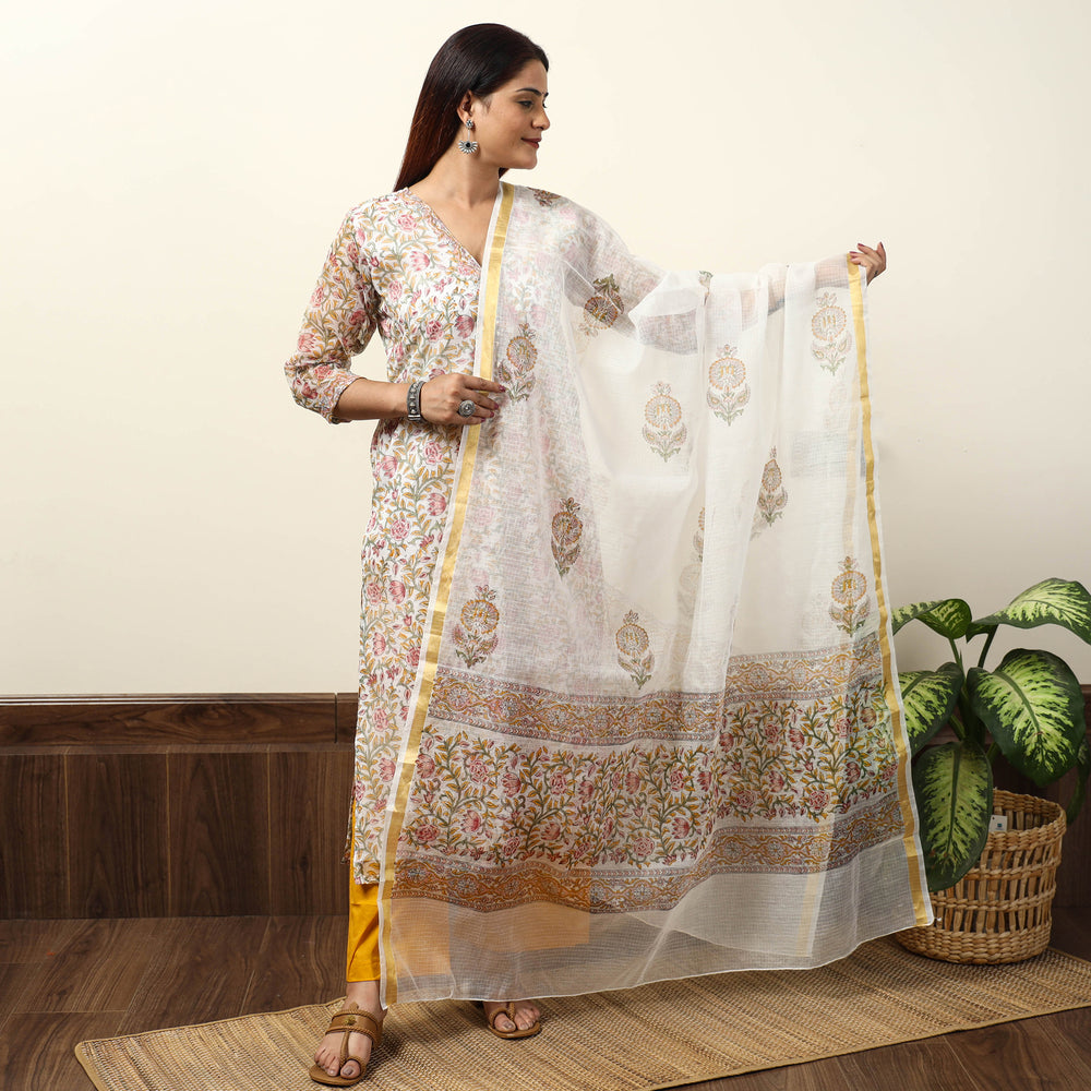 White - Sanganeri Block Printed Kota Doria Kurta with Palazzo & Dupatta Set 05