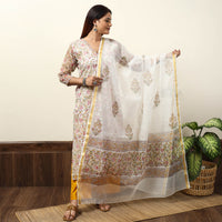 White - Sanganeri Block Printed Kota Doria Kurta with Palazzo & Dupatta Set 05