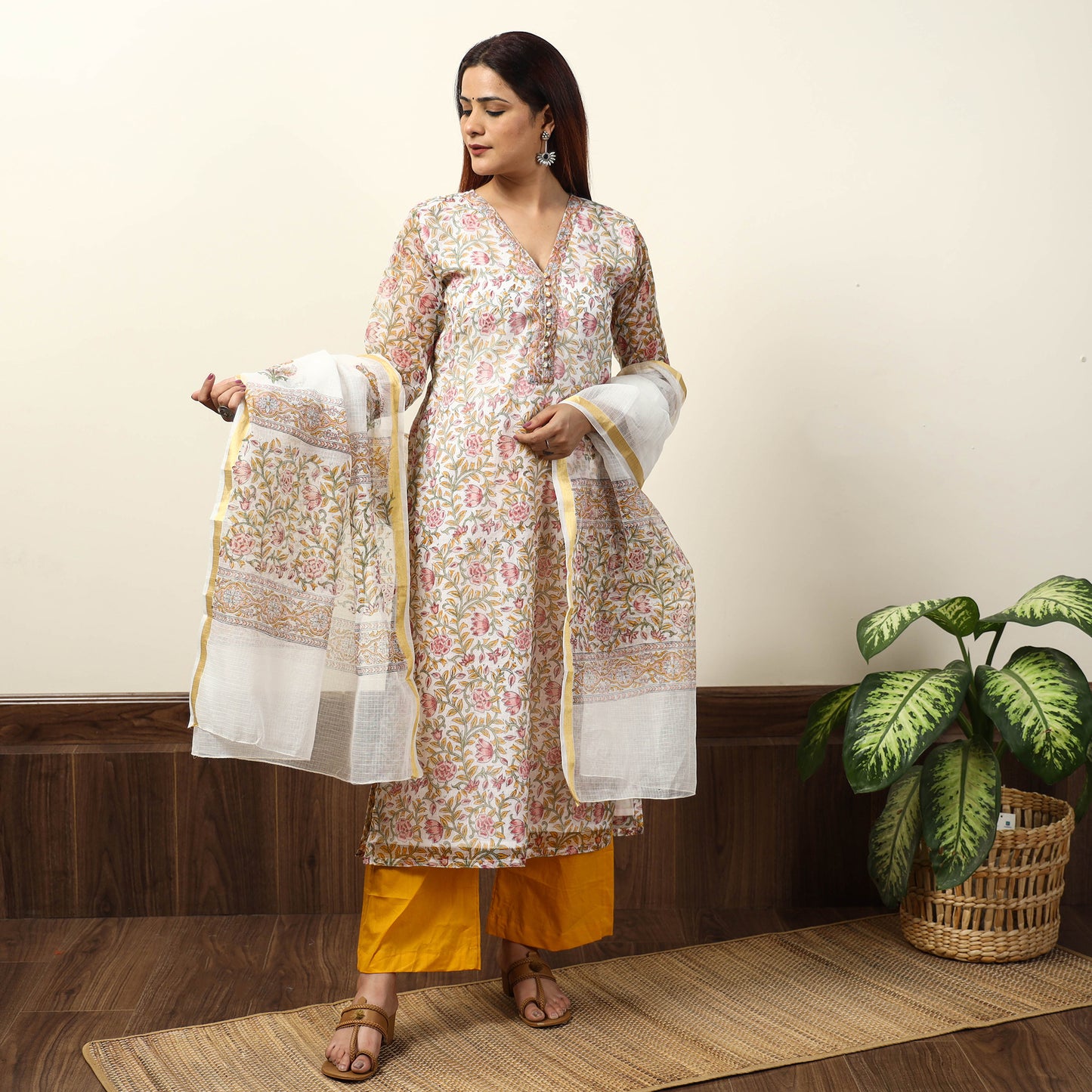 White - Sanganeri Block Printed Kota Doria Kurta with Palazzo & Dupatta Set 05