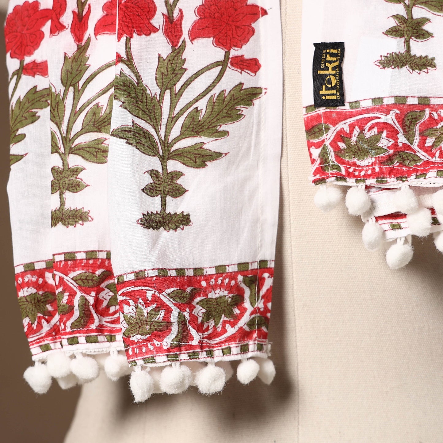 Red - cotton sanganeri stole with pom 30 - handcrafted