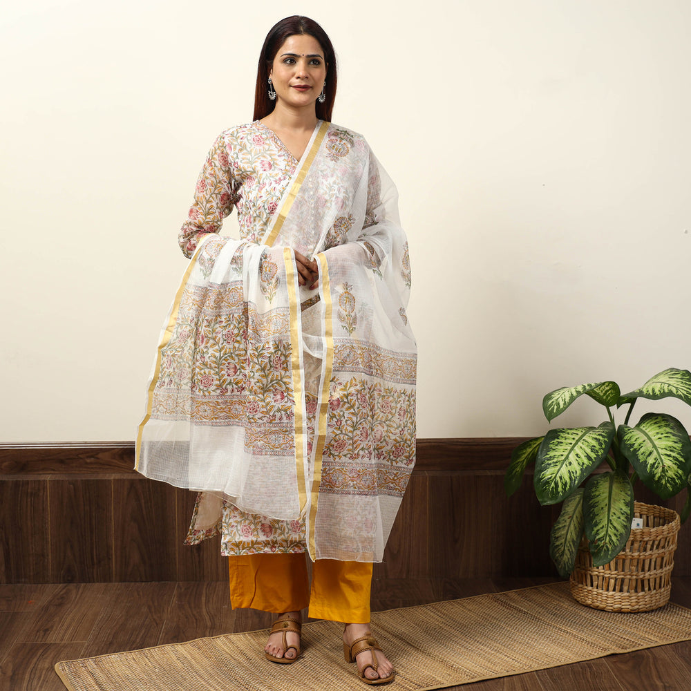 White - Sanganeri Block Printed Kota Doria Kurta with Palazzo & Dupatta Set 05