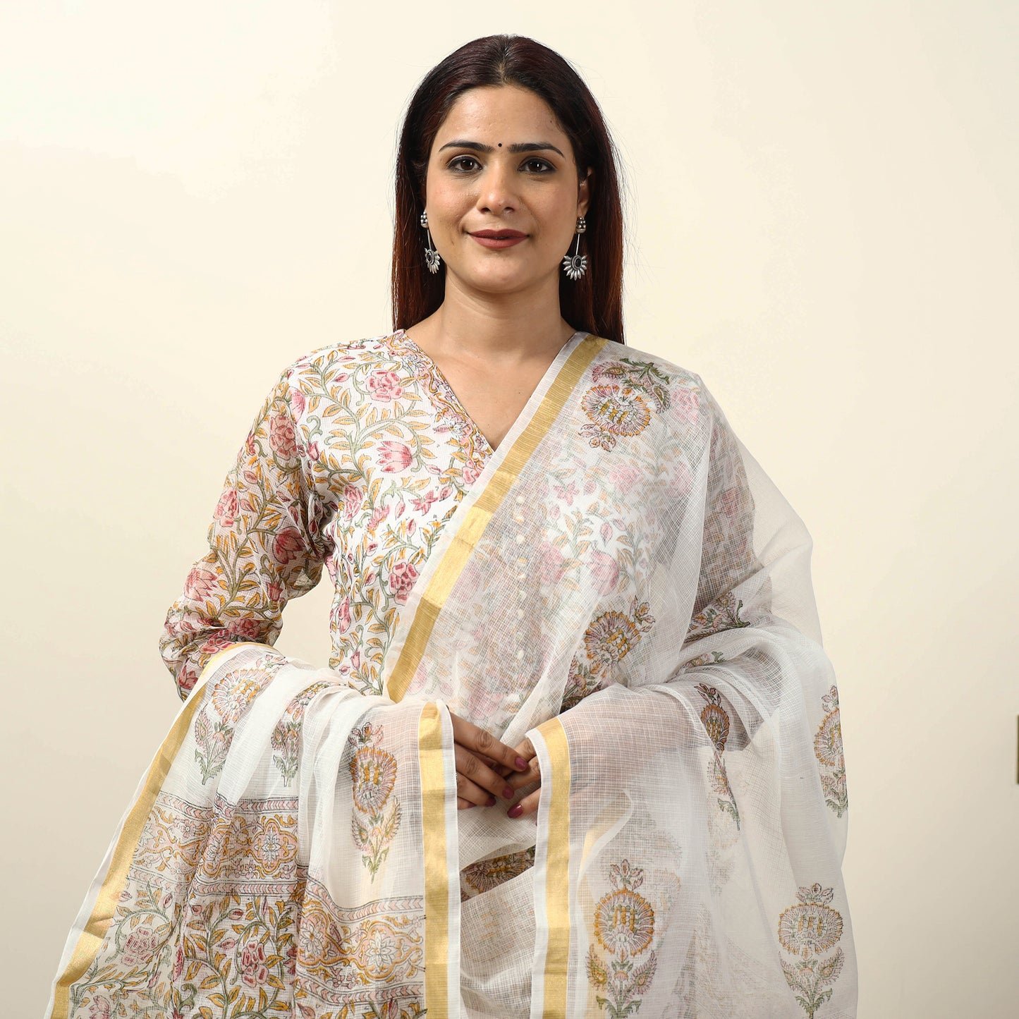 White - Sanganeri Block Printed Kota Doria Kurta with Palazzo & Dupatta Set 05