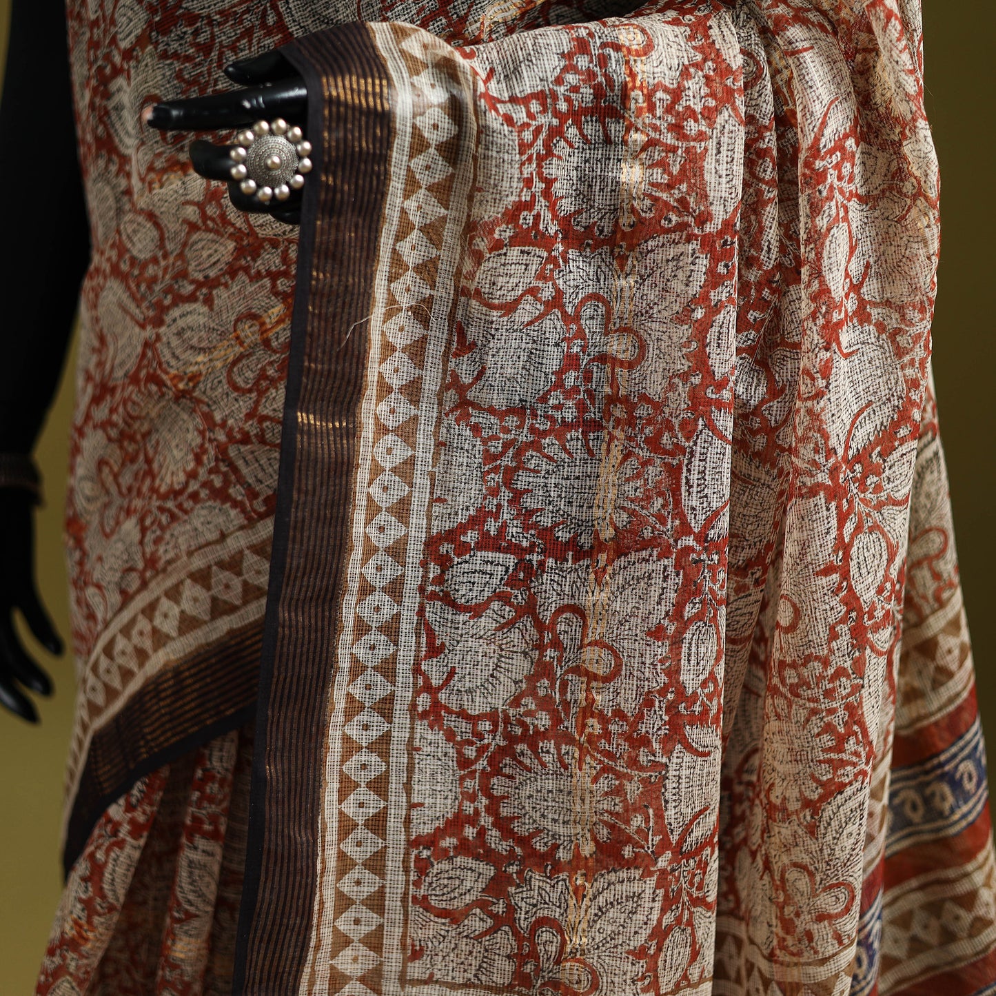 Red - Bagru Hand Block Print Kota Doria Cotton Saree 32