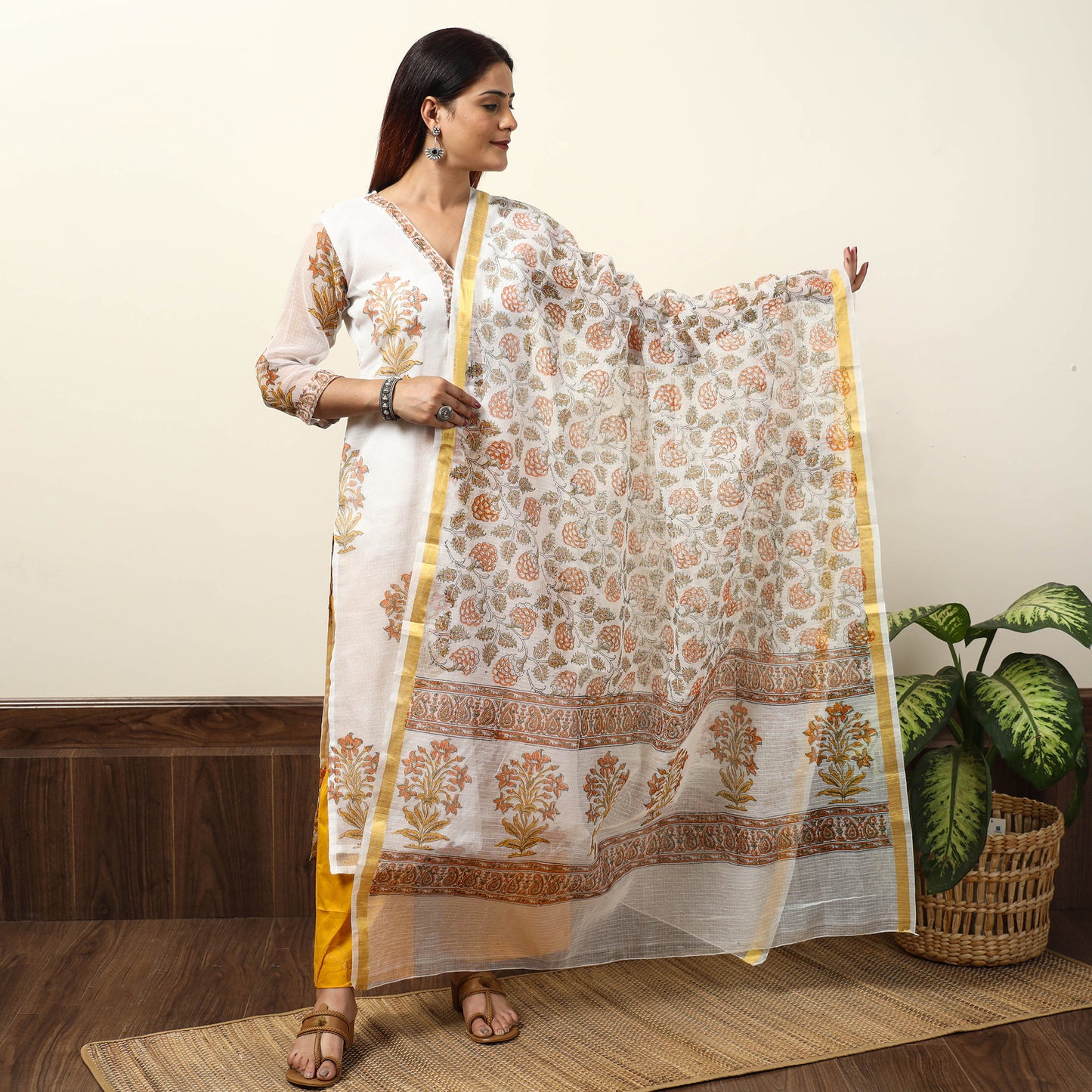 White - Sanganeri Block Printed Kota Doria Kurta with Palazzo & Dupatta Set 04