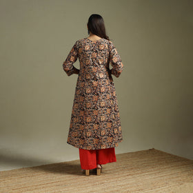 Black - Pedana Block Print Natural Dyed Cotton Hand Embroidery A-Line Kalamkari Kurta 09