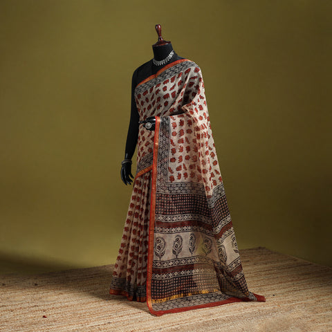 Beige - Bagru Hand Block Print Kota Doria Cotton Saree 33
