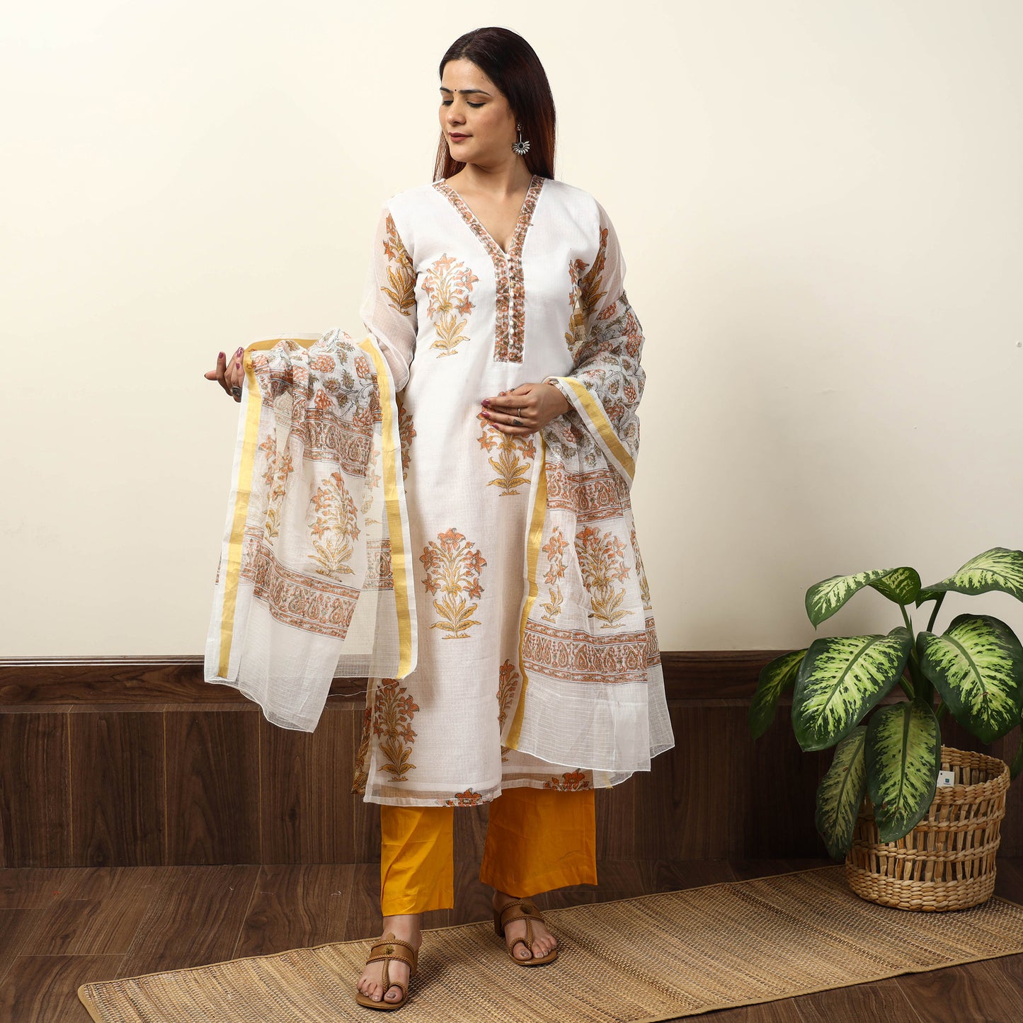 White - Sanganeri Block Printed Kota Doria Kurta with Palazzo & Dupatta Set 04