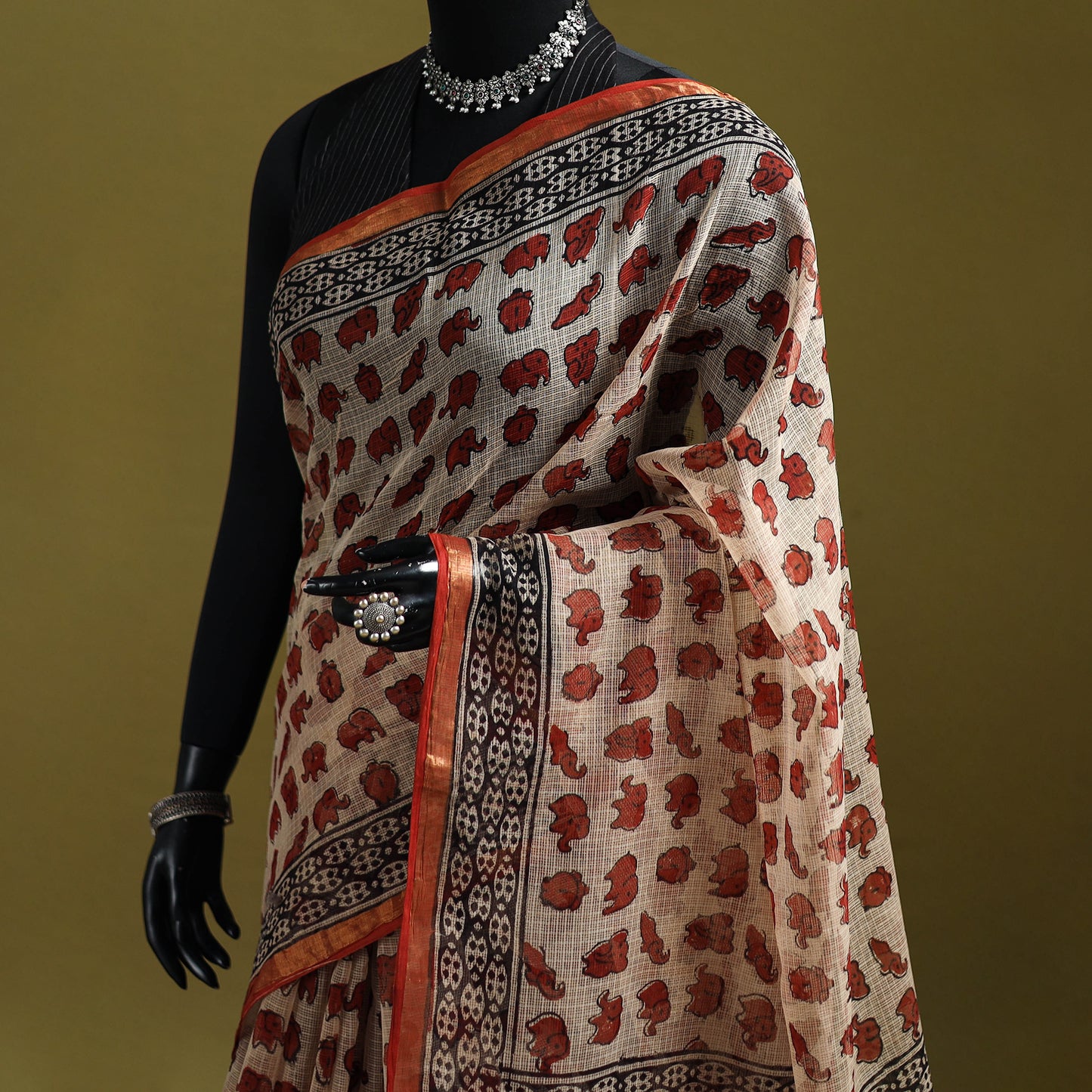 Beige - Bagru Hand Block Print Kota Doria Cotton Saree 33
