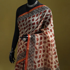 Beige - Bagru Hand Block Print Kota Doria Cotton Saree 33