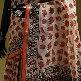 Beige - Bagru Hand Block Print Kota Doria Cotton Saree 33