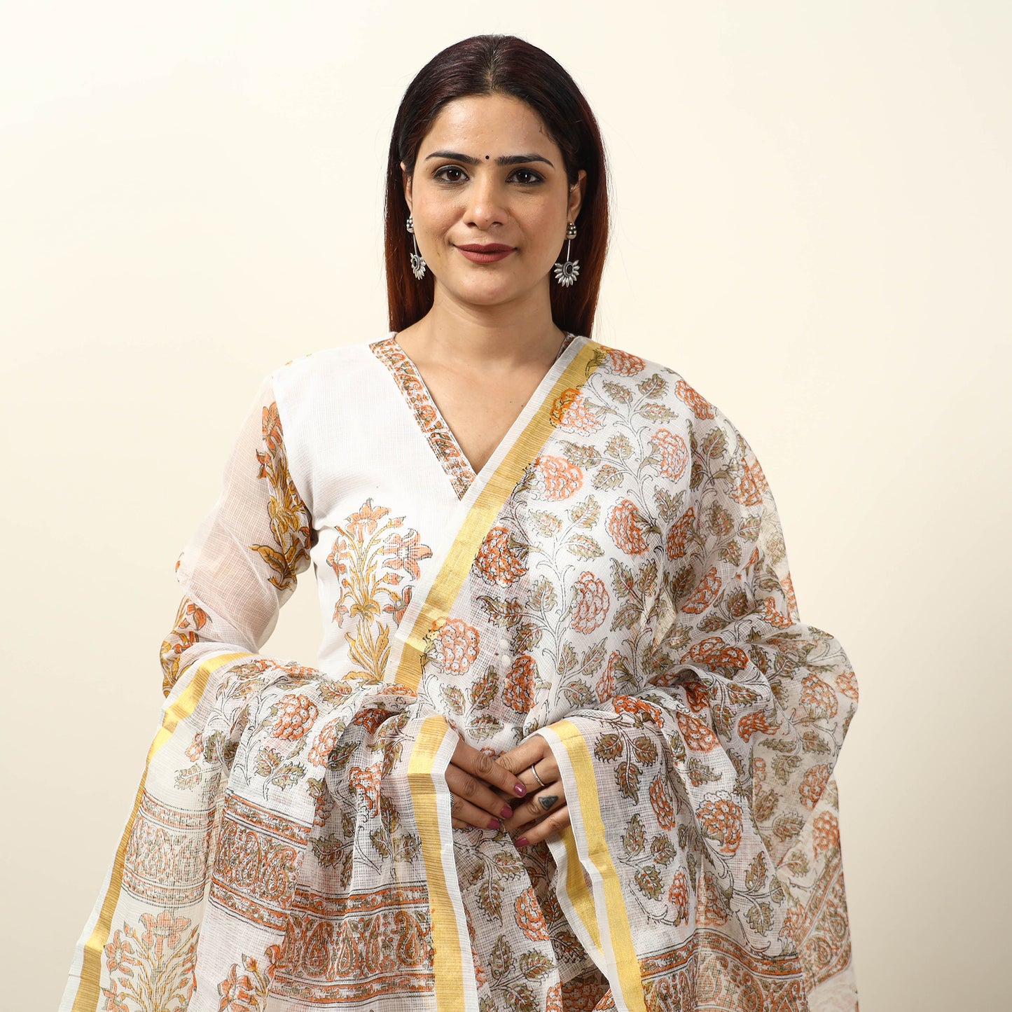 White - Sanganeri Block Printed Kota Doria Kurta with Palazzo & Dupatta Set 04