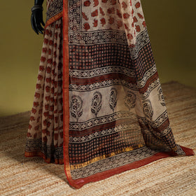 Beige - Bagru Hand Block Print Kota Doria Cotton Saree 33