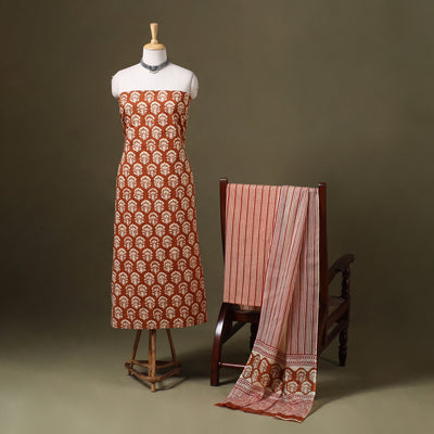 Brown - 3pc cotton bagru unstitched dress material 26